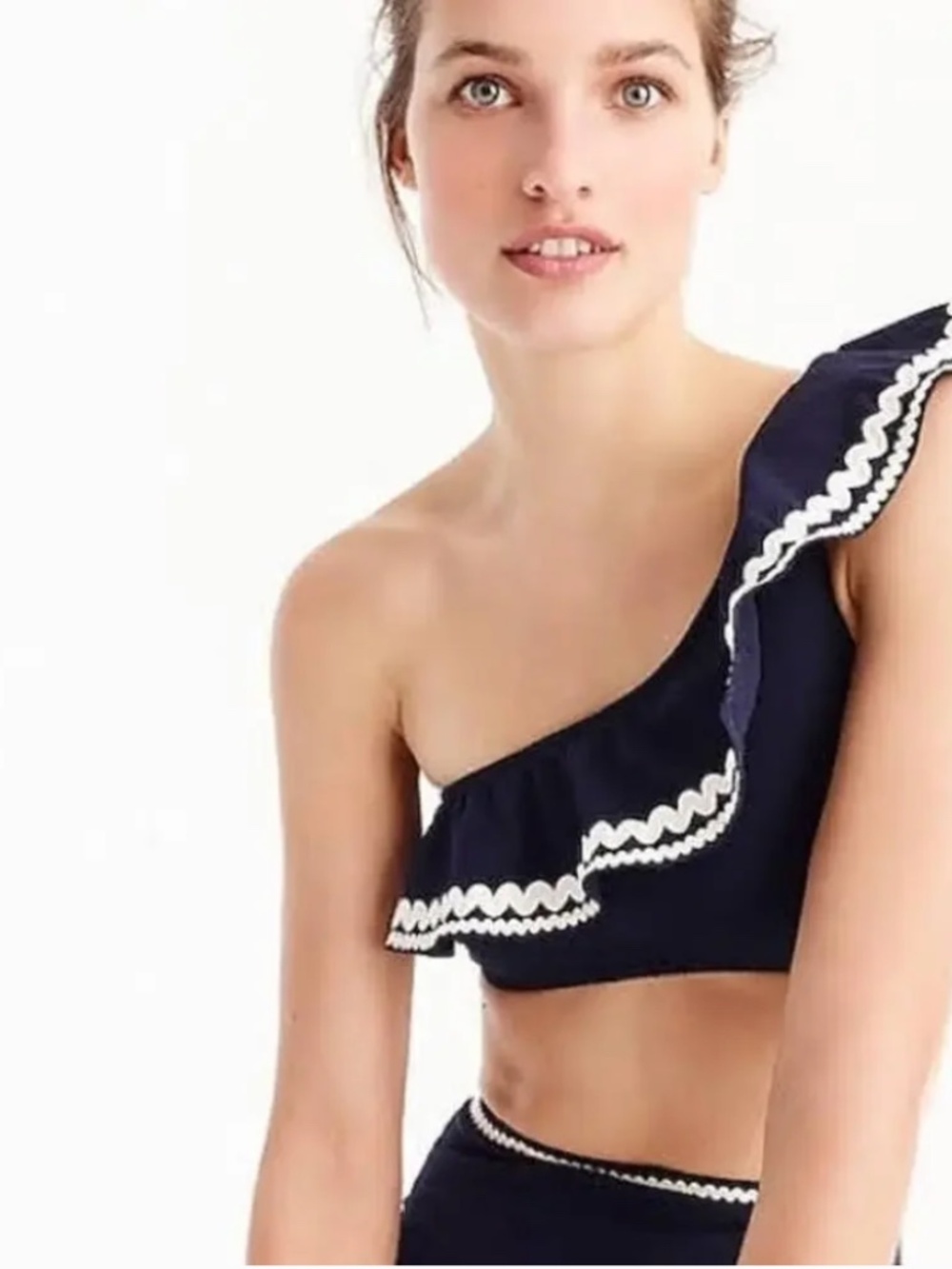 J.Crew Womens Ruffled One-Shoulder Navy Bikini Top with White Rickrack Trim -NWT